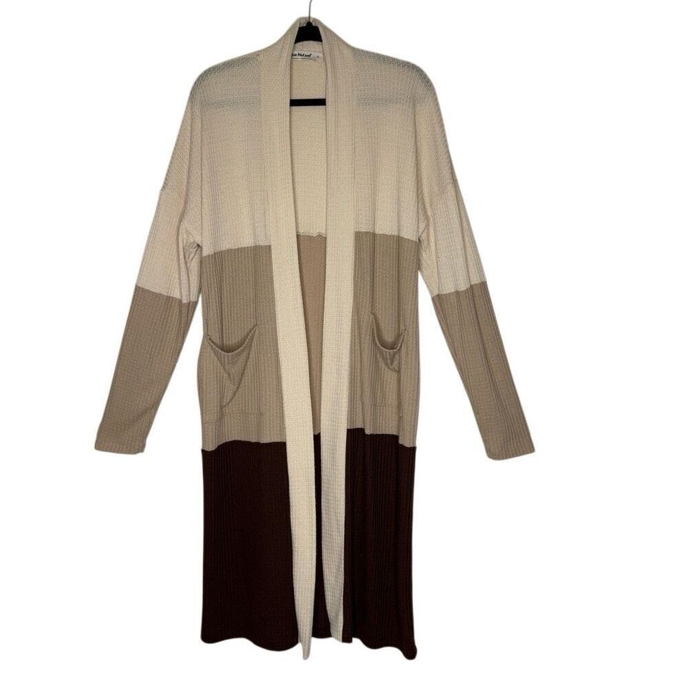 Three Bird Nest Long Cardigan Sweater Color Block Waffle Knit Open Sz S Slouchy